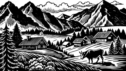 Very beautiful captivating view of lush Alpine green fields and charming traditional wooden houses near Werfen am Tennengebirge, Austria, with a peaceful cow grazing under a bright blue sky.