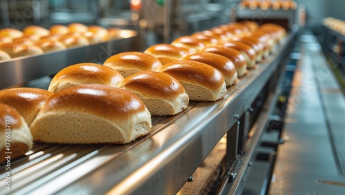 Freshly baked bread rolls on a conveyor belt in a commercial bakery