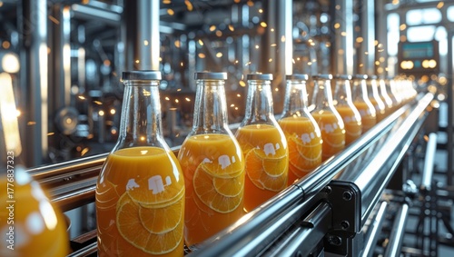 Orange juice bottles on a production line in a modern food processing plant