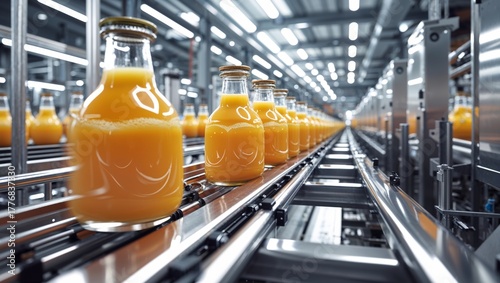 Bottled orange juice moving along a production line in a food processing plant.