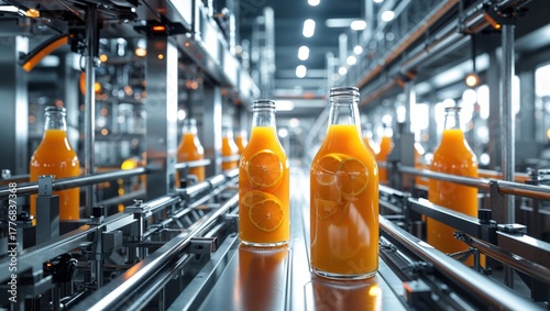 Orange juice bottles on a production line in a modern factory