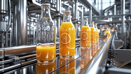 Orange juice bottles on a production line in a modern food processing plant