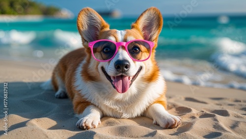 Happy corgi dog wearing pink sunglasses relaxing on a sandy beach