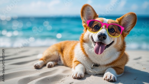 Happy corgi dog wearing sunglasses relaxing on a sandy beach