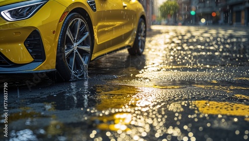 Yellow sports car driving through a city street during a rain shower