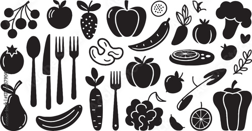 Black silhouette collection of fruits vegetables and cutlery on white background food