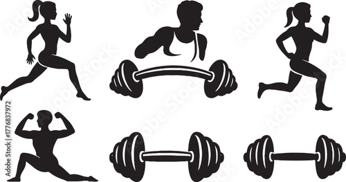 Black silhouettes of people exercising and barbells on white background fitness exercise