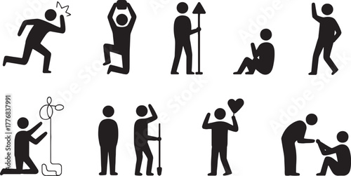 Collection of black silhouette icons depicting various human actions and poses figure