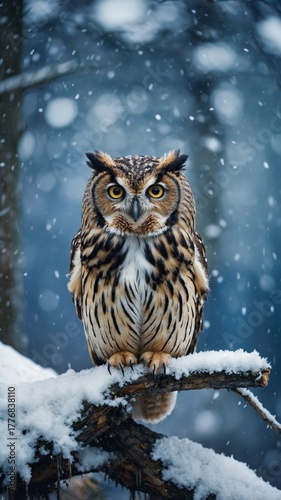 Majestic owl perched on a snow-covered branch during a winter snowfall