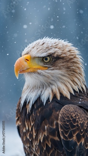 Majestic bald eagle portrait in winter snowfall, close-up view