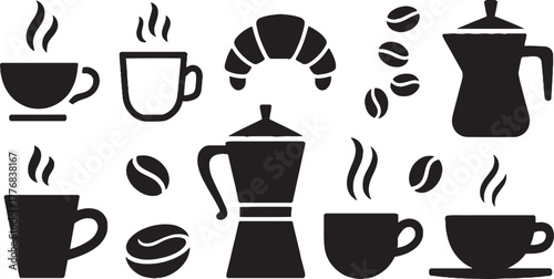 Black coffee cups steaming croissant coffee beans and moka pots vector illustration
