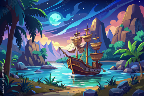 A magnificent pirate ship anchored in an enchanted tropical cove under a starry night sky, sparkling moonlit water, a fantasy adventure picture, and a mysterious ocean landscape.