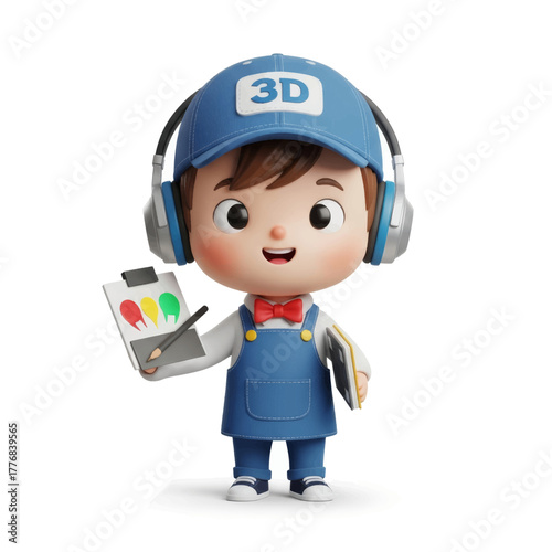 Cute 3D cartoon boy character wearing headphones and a cap, holding a paintbrush and a colorful palette, representing creativity and design.