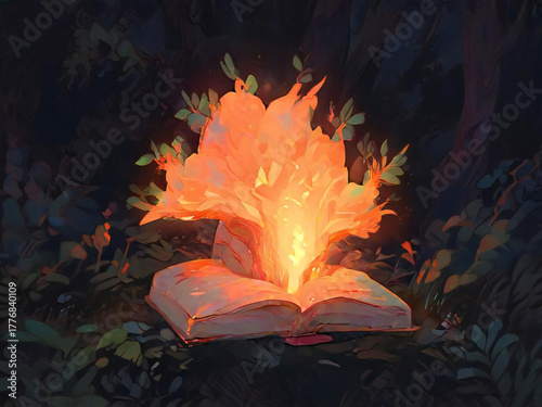 A glowing book tree deep in the forest