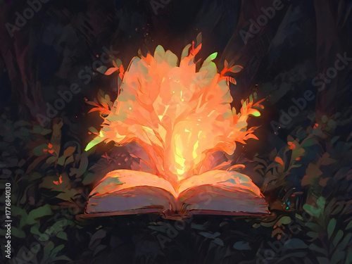A glowing book tree deep in the forest