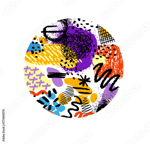 Abstract circle made of colored decorative elements. hand drawn. Not AI. Vector illustration.