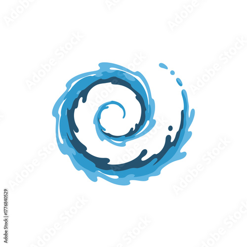 Blue water spiral with splashes and droplets.