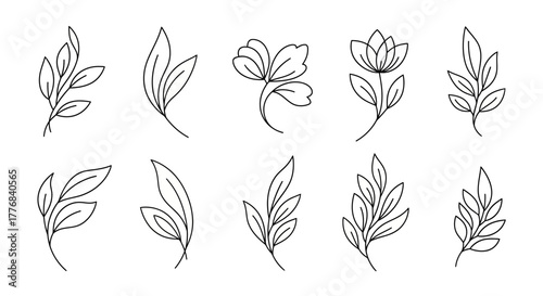 Minimalist Line Art Floral Elements Set Continuous Outline Botanical Leaves & Flowers. Simple Hand-Drawn Vector Clipart for Logos Tattoos