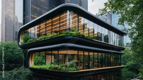 Modern architectural design showcases sleek buildings with greenery and large glass windows urban