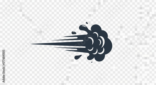 Dark plume with streaks and droplets moving rightward.