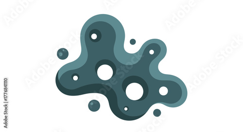 Abstract organic shapes with circular voids and smaller spheres.