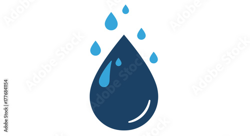 Dark blue water drop with smaller blue drops falling.