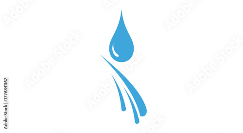 Blue water drop with splashes flowing downwards.