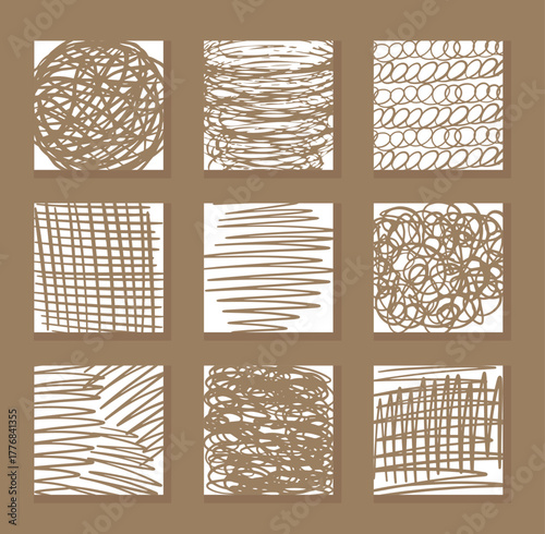 Hand drawn brown line texture set. Vector scribble, horizontal and wave strokes collection. Doodle shapes. Trendy illustration. Graphic vector freehand textures set. Ink lines isolated
