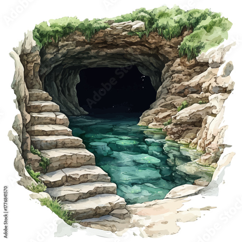 Waitomo Glowworm Caves, watercolor vector, isolated on a white background.