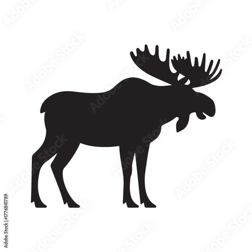 Moose Silhouette Icon – Wild Animal Standing in Profile with Large Antlers Isolated on White Background