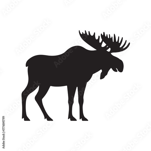 Moose Silhouette Icon – Wild Animal Standing in Profile with Large Antlers Isolated on White Background