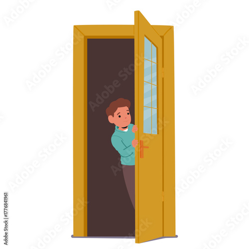 Boy cartoon character into peeking out of door feeling curiosity and playfulness isolated on white