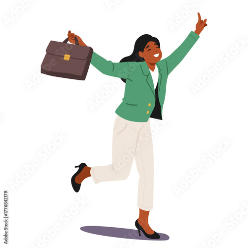 Happy smiling businesswoman cartoon character dancing sharing positive vibes isolated on white