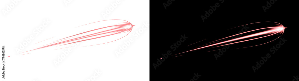 Fototapeta premium Two comet-like red light streaks with a glowing tip move diagonally across a black background, creating a dynamic and energetic visual effect.