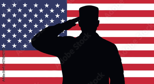 Proud American Soldier Silhouette with Flag,American, soldier, USA, United States, army, military, salute, patriotism, vector, illustration, silhouette, shadow, man, defense, national pride, hero, fla