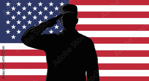 Proud American Soldier Silhouette with Flag,American, soldier, USA, United States, army, military, salute, patriotism, vector, illustration, silhouette, shadow, man, defense, national pride, hero, 