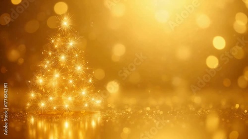 An opulent Christmas tree aglow with golden lights stands majestically against a shimmering, blurred golden backdrop, evoking feelings of festivity and warmth.