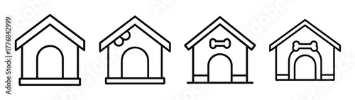 Dog house outline vector illustration set, pet shelter design, kennel graphic, animal home clip art
