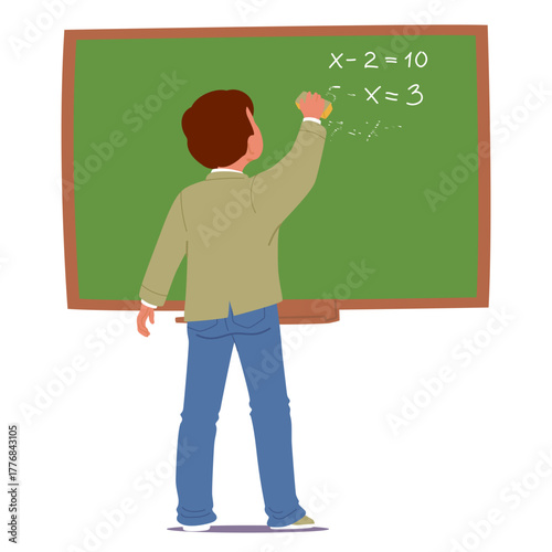 Cute boy student cartoon character cleaning school blackboard maintaining a tidy educational space