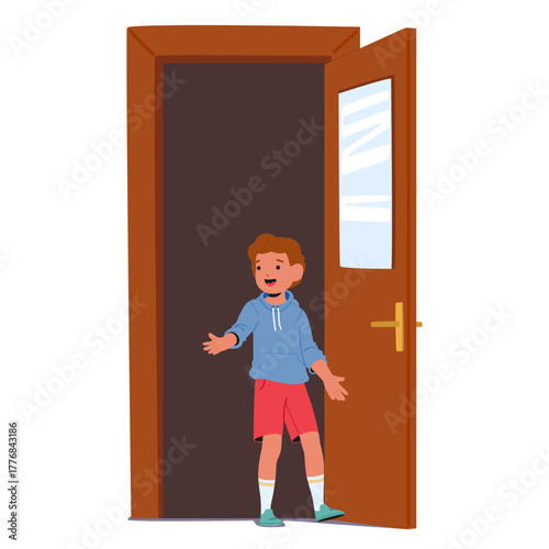 Happy boy child cartoon character with cheerful smile on face opening door standing nearby exit