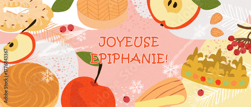 Trendy Festive French illustration with Galette des Rois, apples, almonds, berries, and golden crown on pink background. Poster, Banner for Epiphany greetings, bakery ads, holiday celebration design.