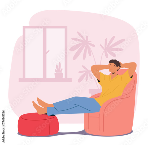 Relaxed young man cartoon character peacefully resting on armchair enjoying home comfort scene