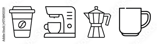 Coffee maker machine moka pot and coffee cup vector illustration line art design element set