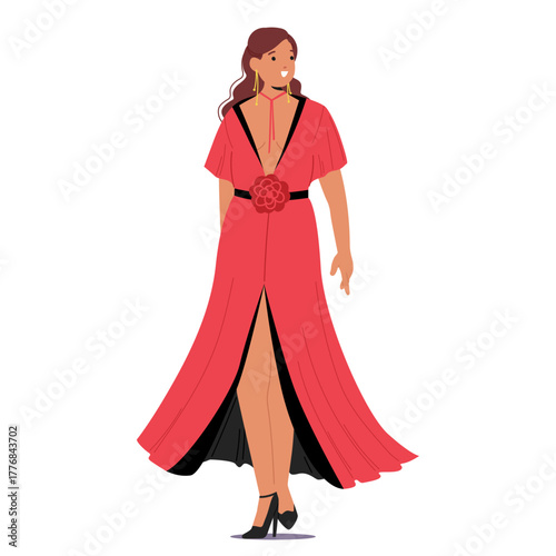 Beautiful charming woman cartoon character wearing elegant red evening dress isolated on white