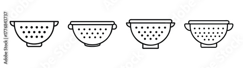 Four kitchen colanders vector illustration, cooking utensils, food preparation tools, drainers, black