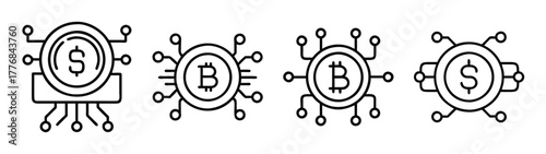 Cryptocurrency bitcoin dollar digital currency blockchain technology finance investment icon set