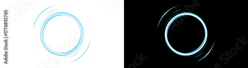 Two glowing circles with swirling blue light trails, set against a black background, creating an impression of moving energy or digital effects.