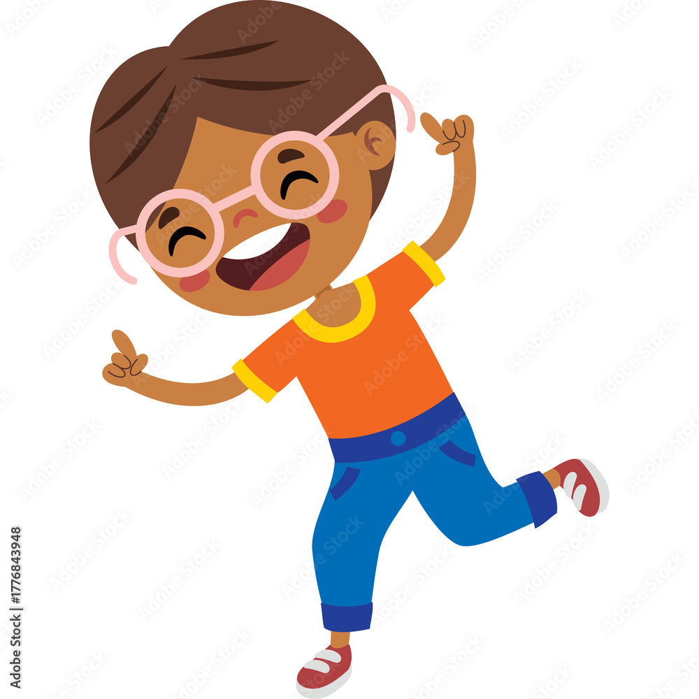 Fototapeta premium Happy Boy With Glasses Dancing Joyfully Wearing Orange Shirt Blue Jeans And Sneakers Isolated On White Background