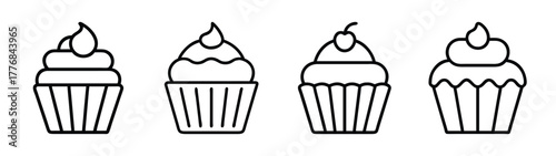 Outline cupcakes vector drawing: dessert, bakery, sweet treats, frosting, cherry, line art designs