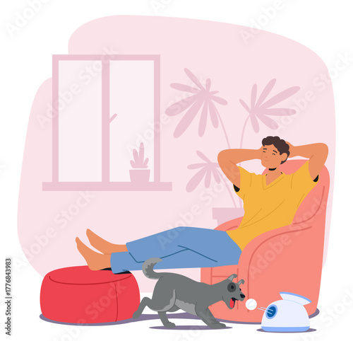 Relaxed man pet owner enjoying free time while dog playing with smart ball thrower toy scene